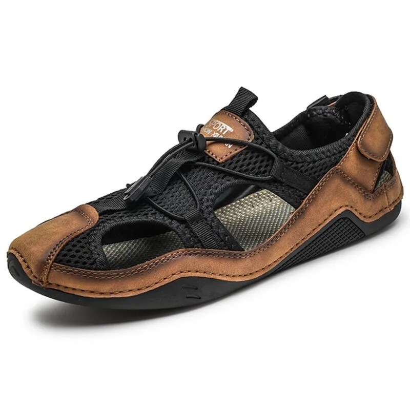 

Сандалии мужские сетчатые с перфорацией, простроченные вручную, дышащие, плоская подошва, повседневная обувь, для улицы, большие размеры 38-46, на лето