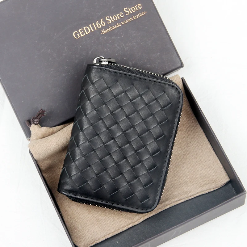 Luxury Brand Men's Wallet Design Woven Credit ID Card Fashion Black Leather Zipper Coin Purse Large Capacity Card Holder 11 Slot