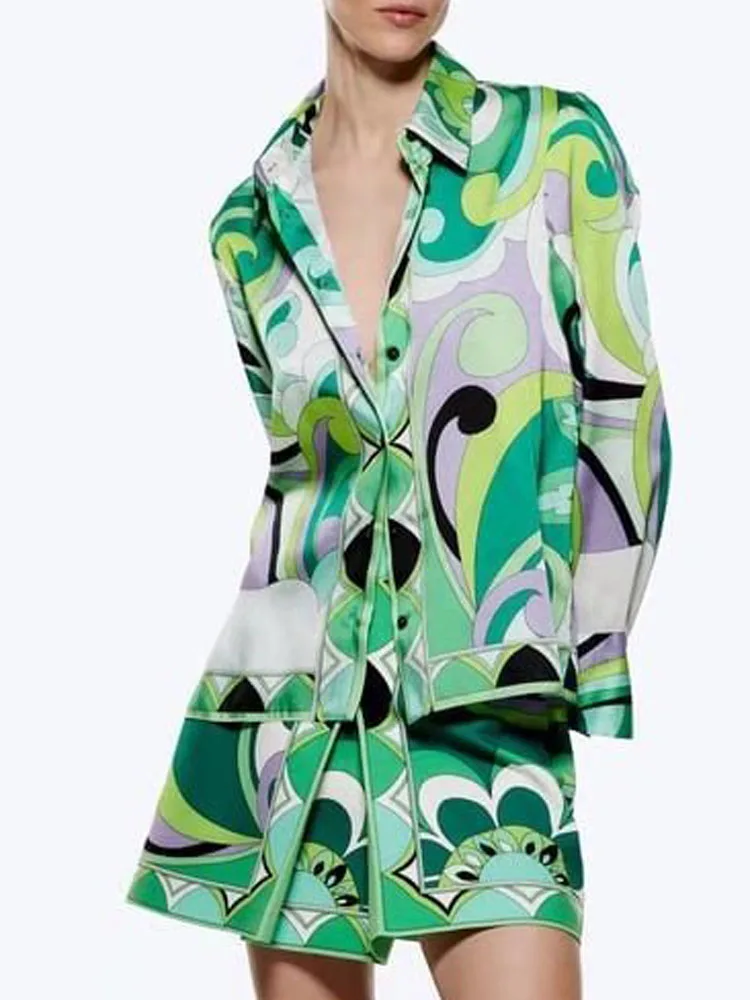 

KUMSVAG 2022 Summer Women Casual Shirts Blouses Tops Long Sleeve Print Loose Satin Female Fashion Street Top Blusas Clothing