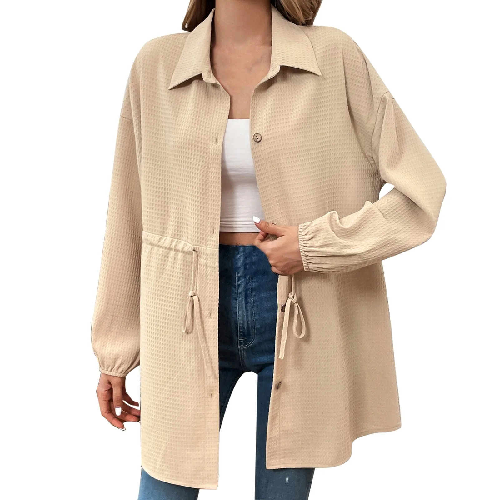 

Рубашка женская однобортная на шнуровке, свободная повседневная однотонная блузка с лацканами, на пуговицах, с длинным рукавом, на осень-зиму