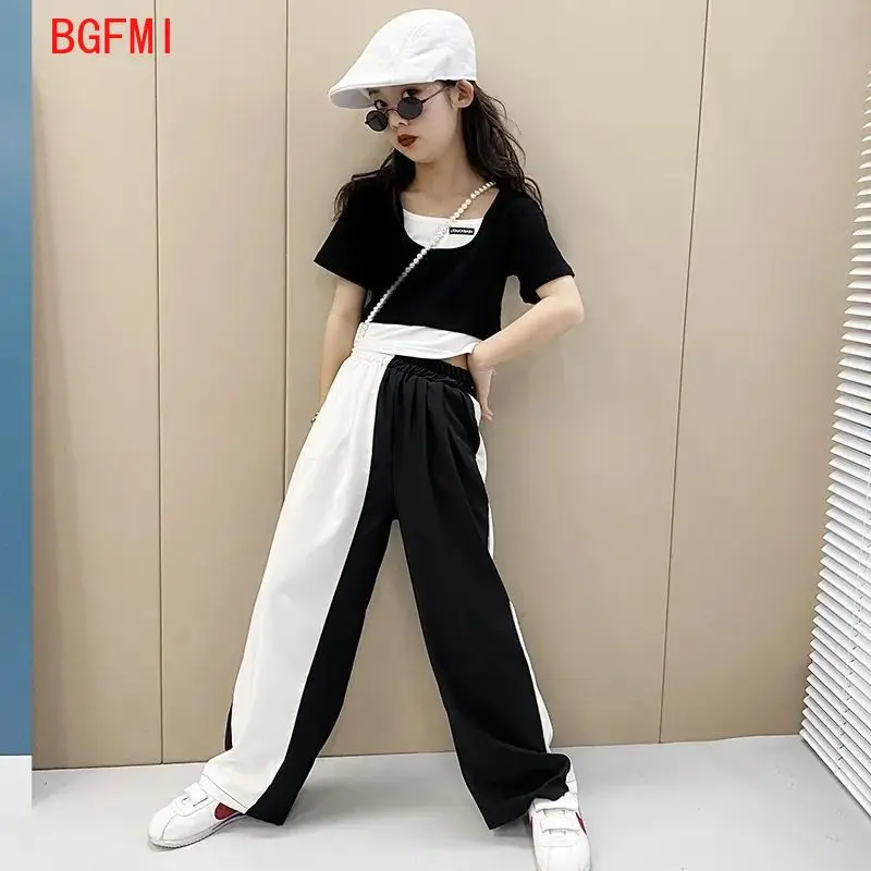 

Teen girls clothing Spring new Color contrast Splicing Suit Fake two T-shirts +Wide leg pants Two piece set Summer Kids clothes