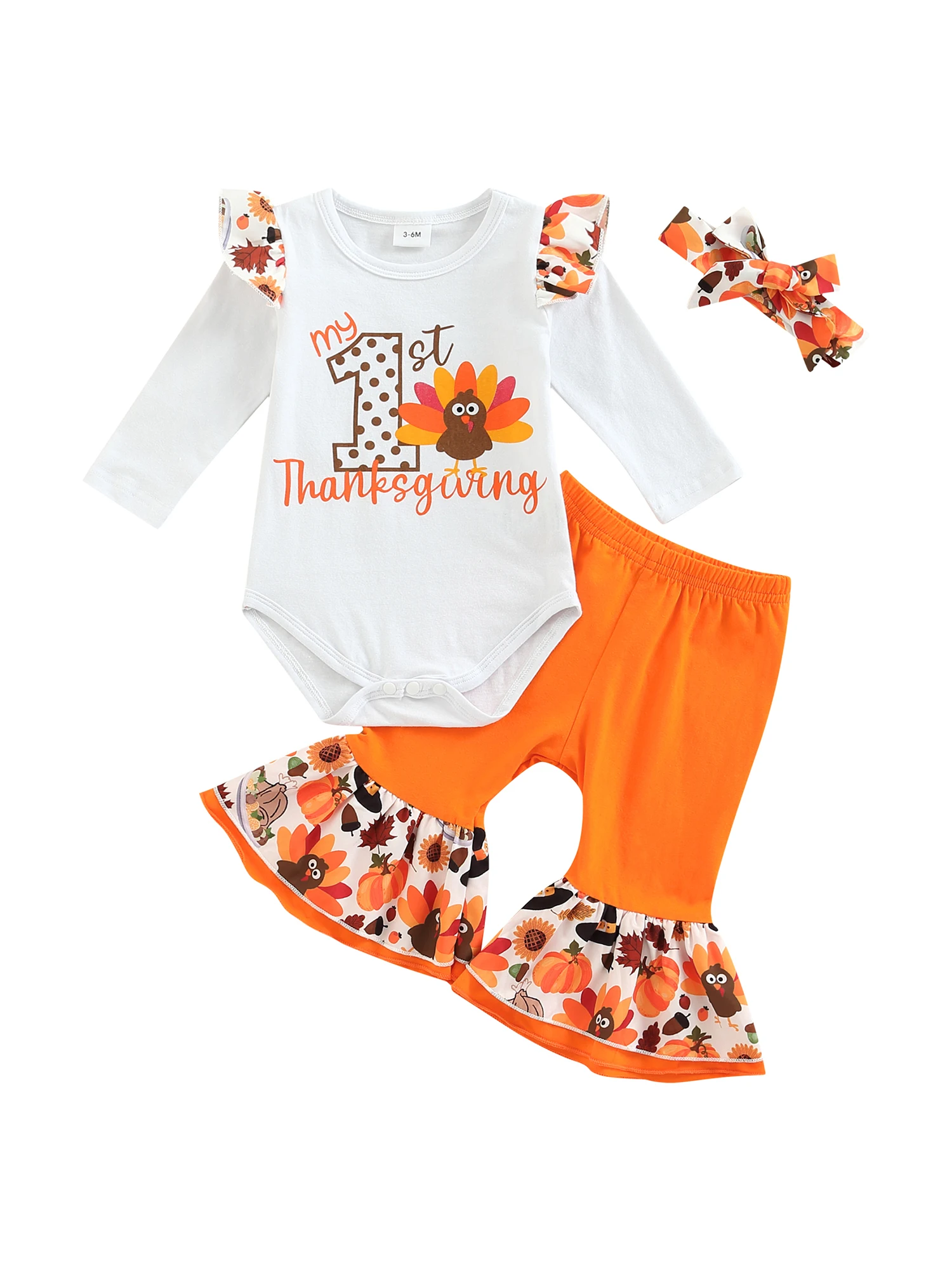 

My First Thanksgiving Baby Girl Outfit Newborn 1st Thanksgiving Outfits Bell Bottoms Turkey Romper Headband