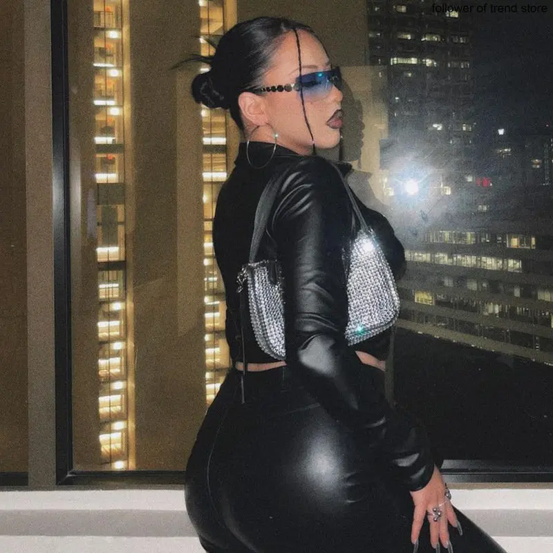 Sexy Mini Short Leather Top Autumn and Winter Solid Color Lapel Long Sleeve Cardigan Pleated Navel Women's Leather Jacket