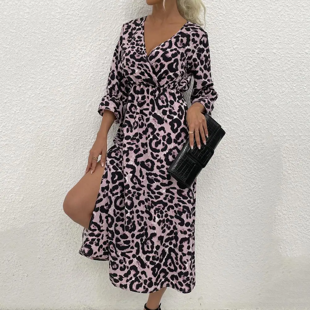 

Классическое платье-миди с длинным рукавом, облегающее женское платье, сексуальное женское длинное платье с леопардовым принтом