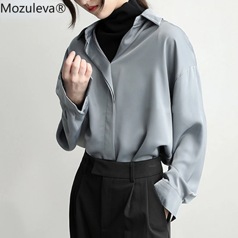 

Элегантная шикарная Женская атласная блузка с отложным воротником, рубашки, свободные Женские однотонные Топы с длинным рукавом, модные же...