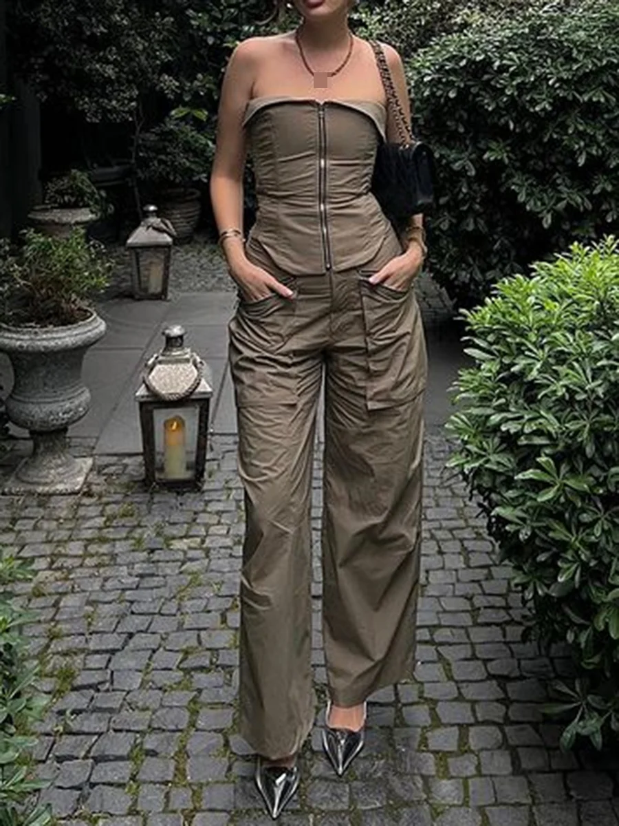 

Design Solid 2 Piece Suits Female Strapless Backless Zipper Tube Tops Pockets Long Pants Women Outfits Streetwear Fashion Sets