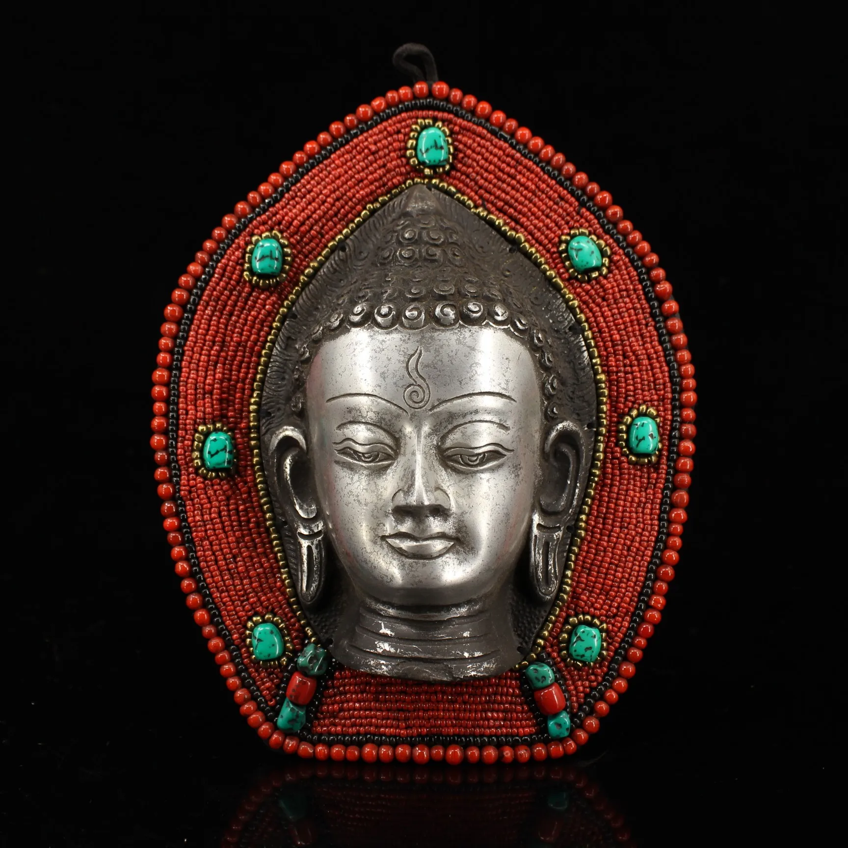 

Tibet Buddhism Tibetan Silver Turquoise Coral Shakyamuni Buddha Head Mask Statue Buddhist Supplies Furniture Decorations
