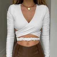 slim t shirt womens deep v elastic cross wrap cropped top chic and fashionable pleated long sleeved tailored halter pullover