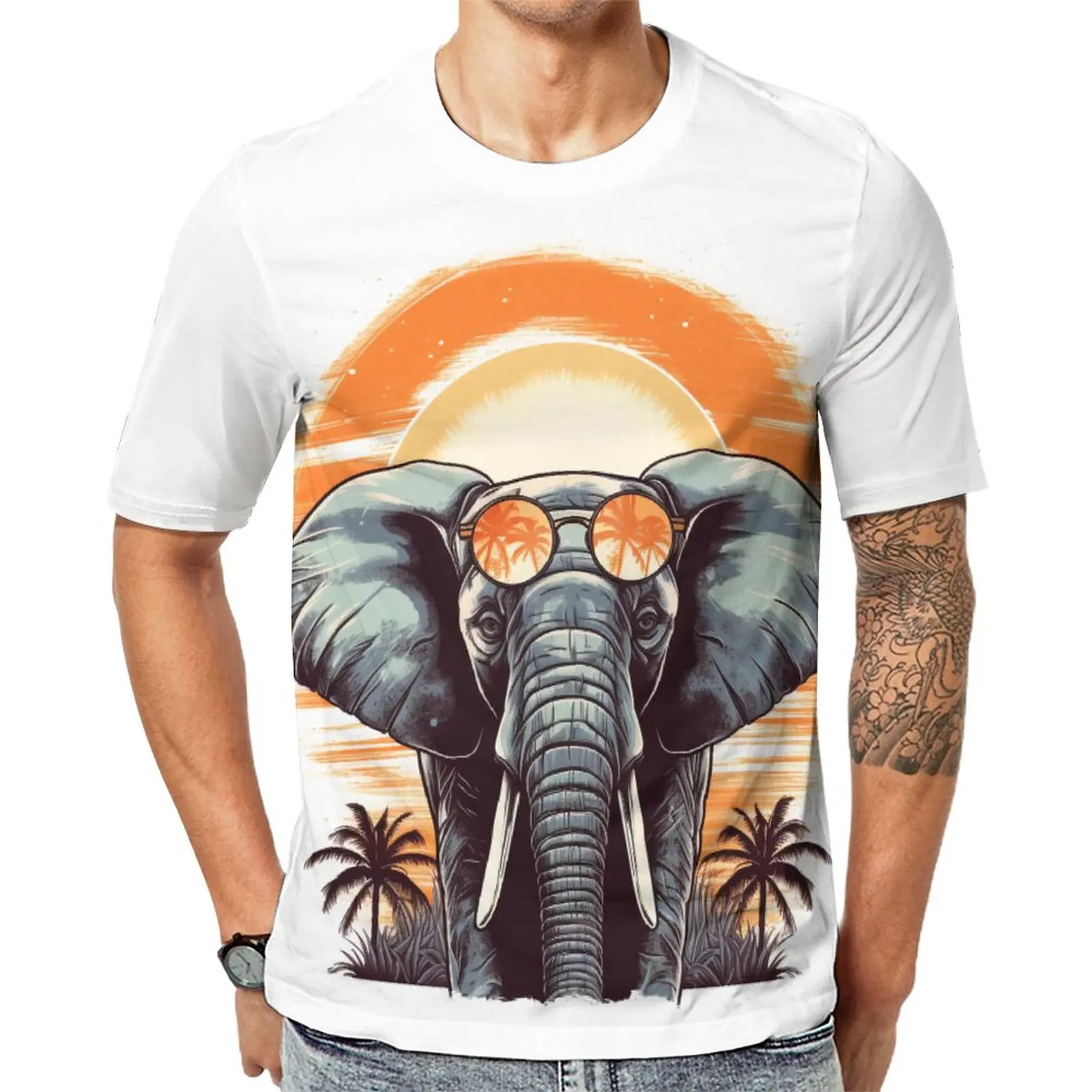 

Футболка с изображением слона, заката, животных и солнцезащитных очков, мужские футболки в стиле Харадзюку, пляжные футболки с рисунком, футболки с коротким рукавом