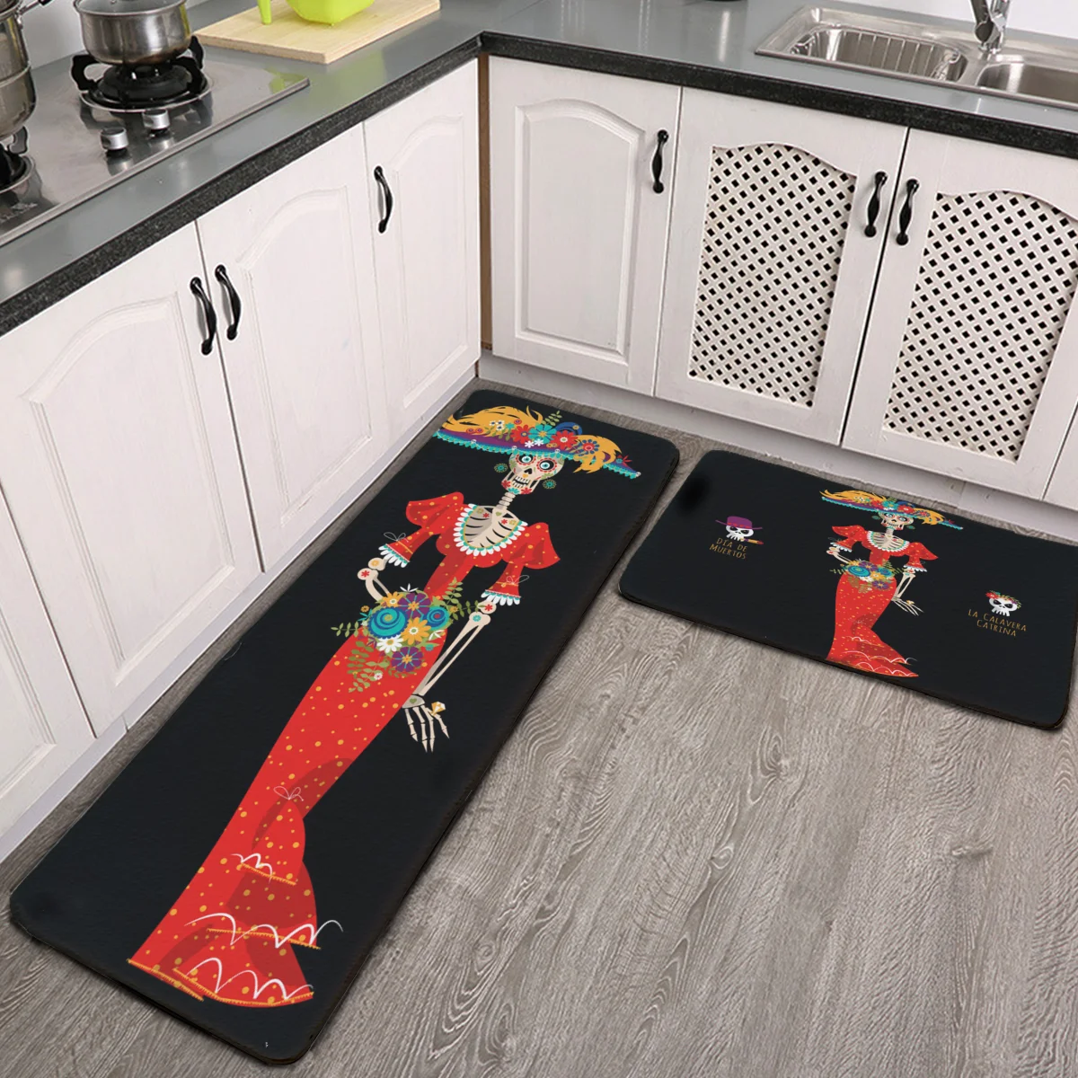 

Kitchen Mat Cushioned Anti Fatigue 2 Piece Set Elegant Skull,Dia De Murtos Mexican Tradition Day Of The Dead Kitchen Floor Mats