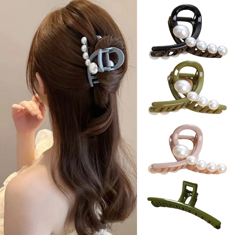 

Fashion Artificial Pearls Hair Claw Clip Simple Solid Color Acrylic Shark Hairclip Women Girls Makeup Bath Ponytail Bun Hairpins