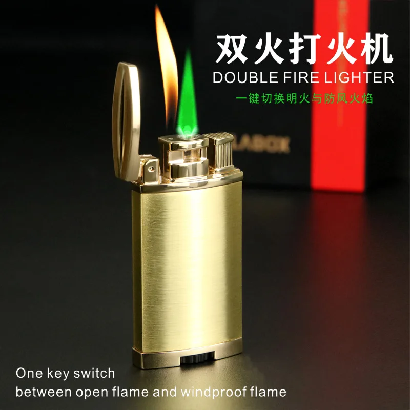 Recycled Inflatable Windproof Double Fire Lighter Green Flame Open Flame Creative Personalized Metal Gift  Smoking Accessories
