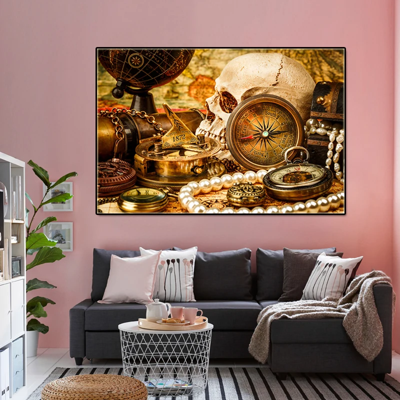 1872 золотая ретро-Картина на холсте с компасом и глобусом средневековая морская