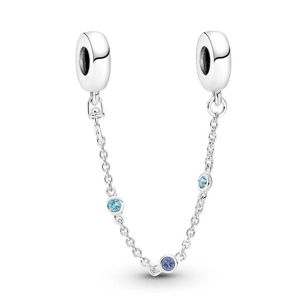 

Summer Triple Blue Stone Safety Chain Charm 925 Sterling Silver Beads Fit Original Bracelets DIY Women Charms for Jewelry Making