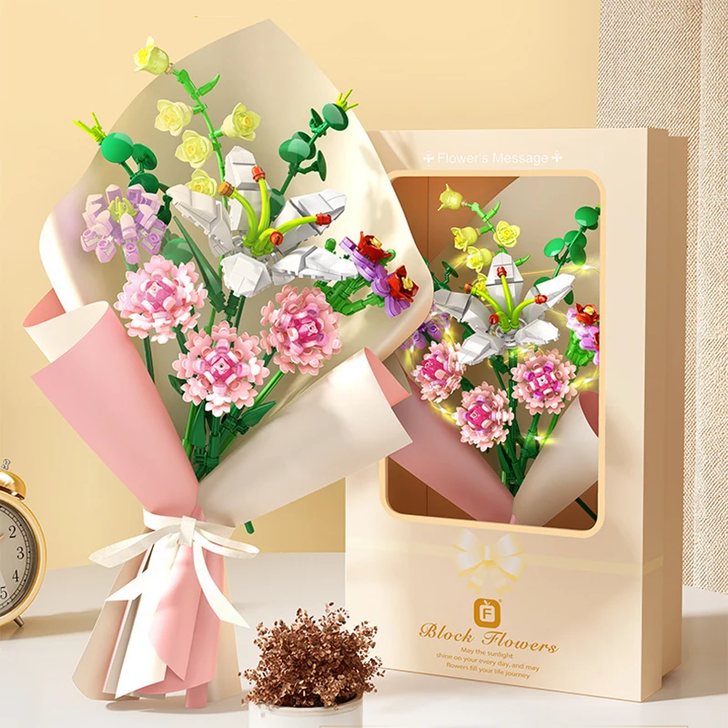 

Building Blocks Flowers Rose Chrysanthemum Carnation 3D Model Potted Simulation Bouquet DIY Home Decoration Flower Toy Girl Gift