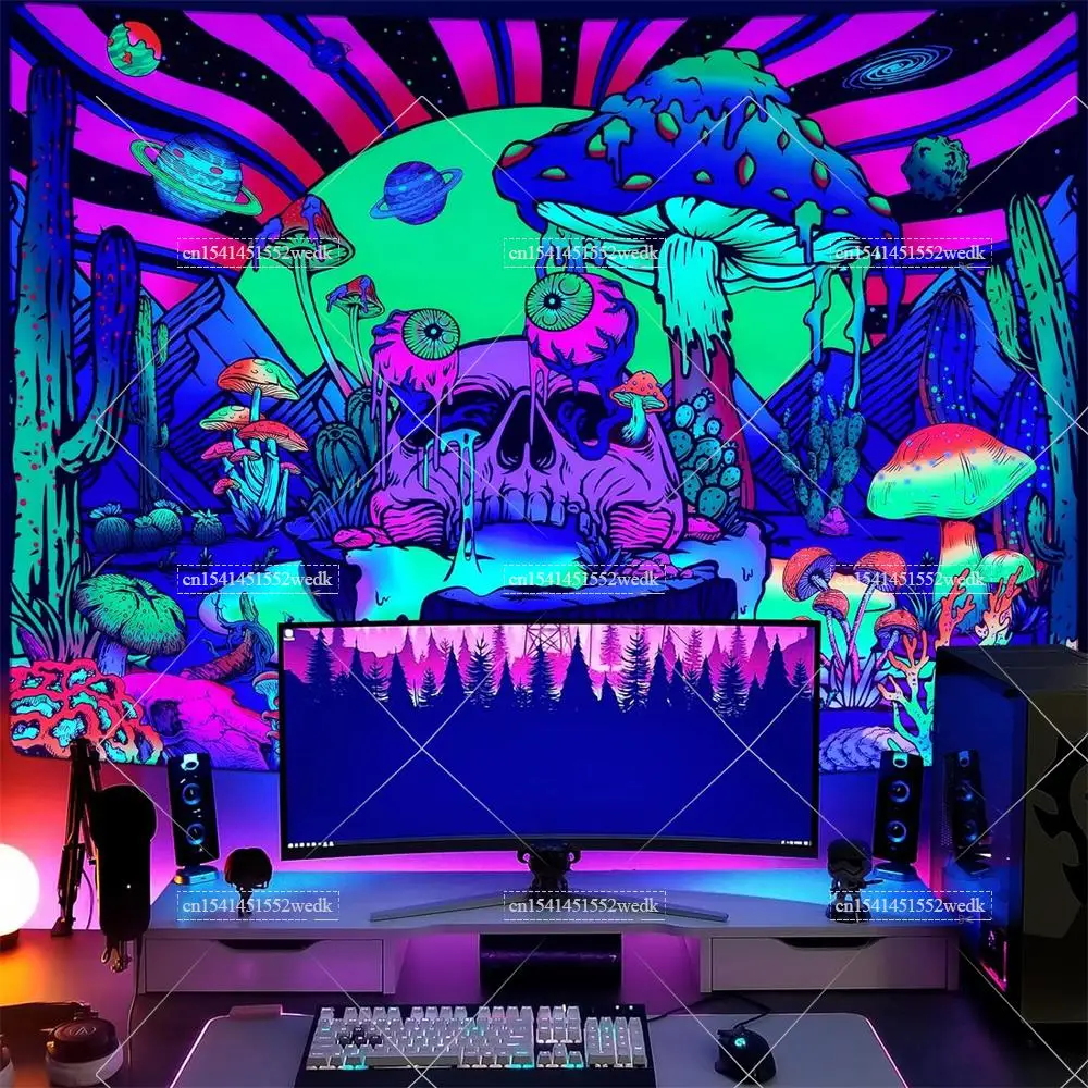 Гобелен с черепом Blacklight грибной для спальни эстетический гобелен изображением