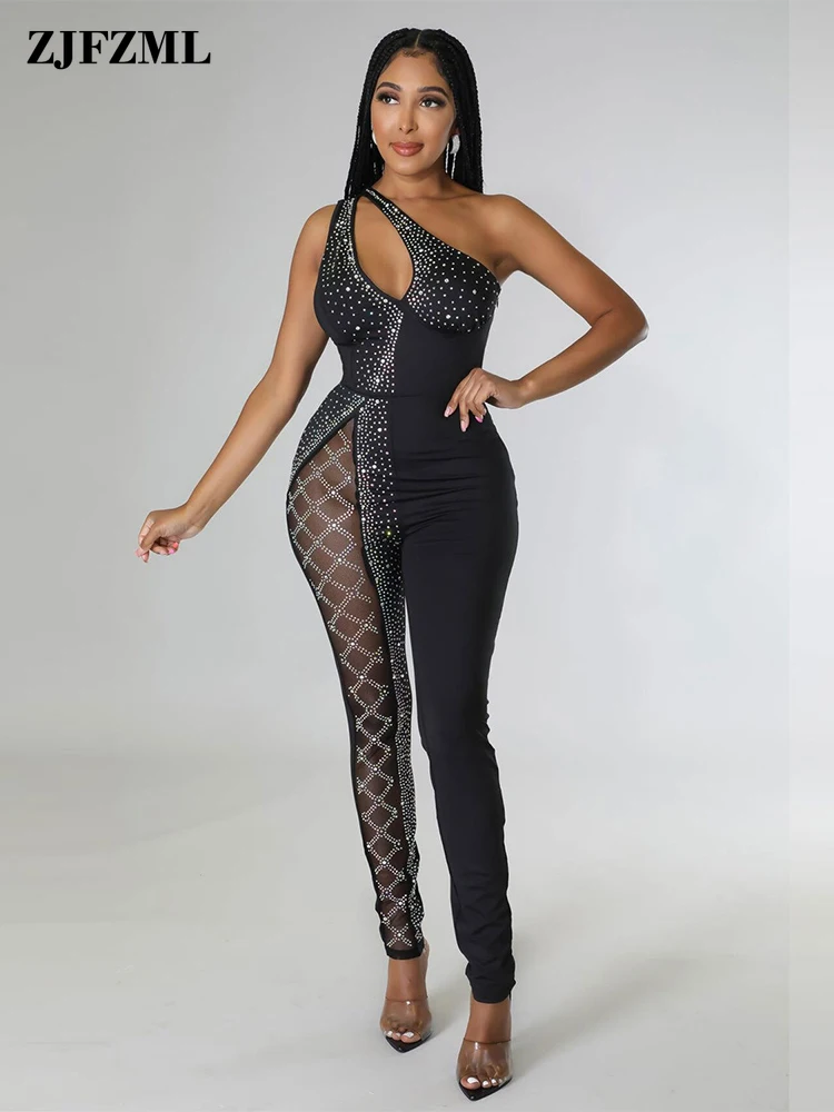 

Black White Mesh Rhinestones Party Rompers Women One Shoulder Hollow Front Skinny Jumpsuit Luxury See Through Fitness Overalls