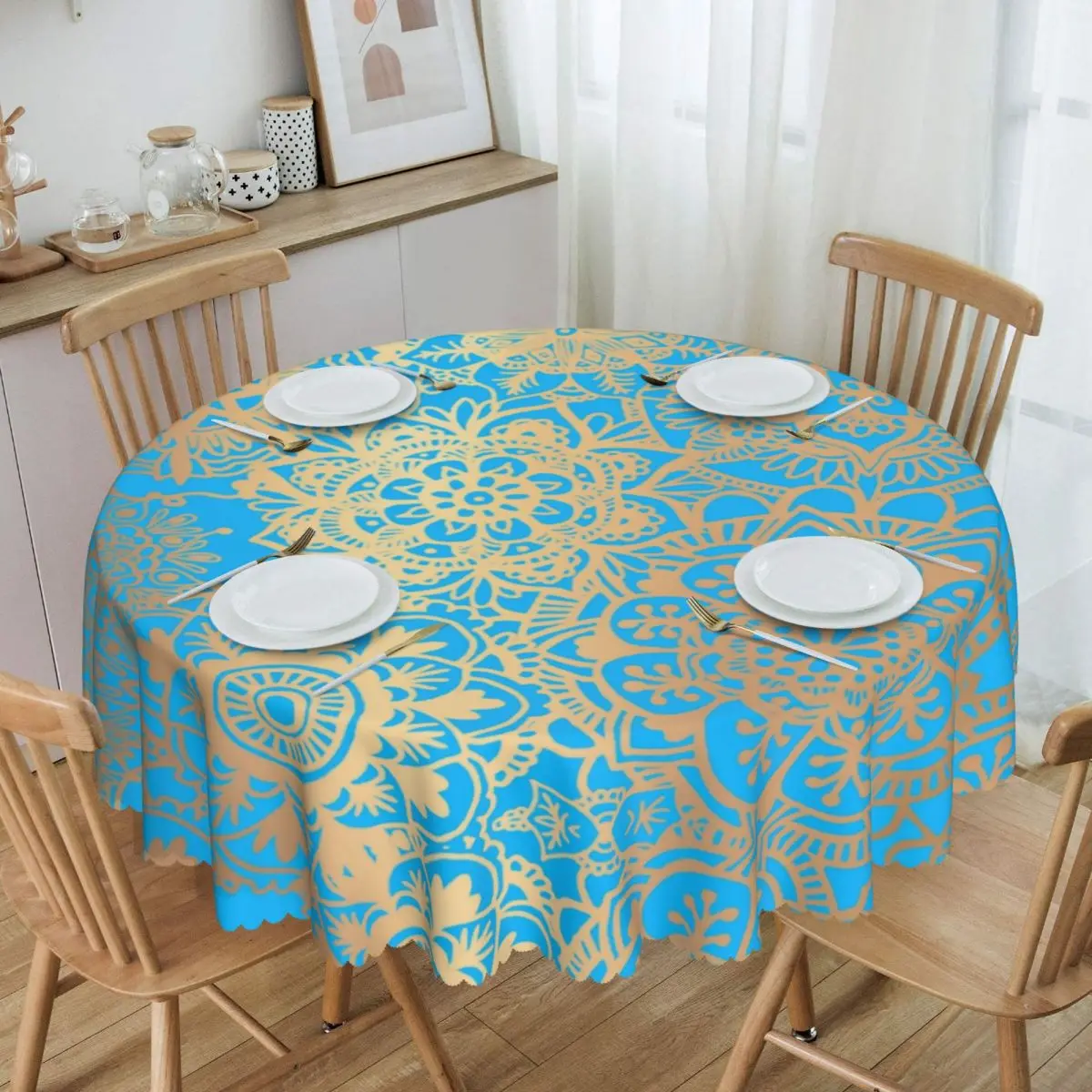 

Round Light Blue And Gold Mandala Pattern Table Cloth Oilproof Tablecloth 60 inches Table Cover for Kitchen Dinning