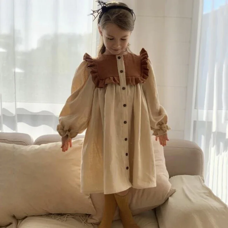 

2024 Spring Girls Cotton and Linen Color Dress Cute Ruffled Princess Dresses Long Sleeve Patchwork Clothing, #7179