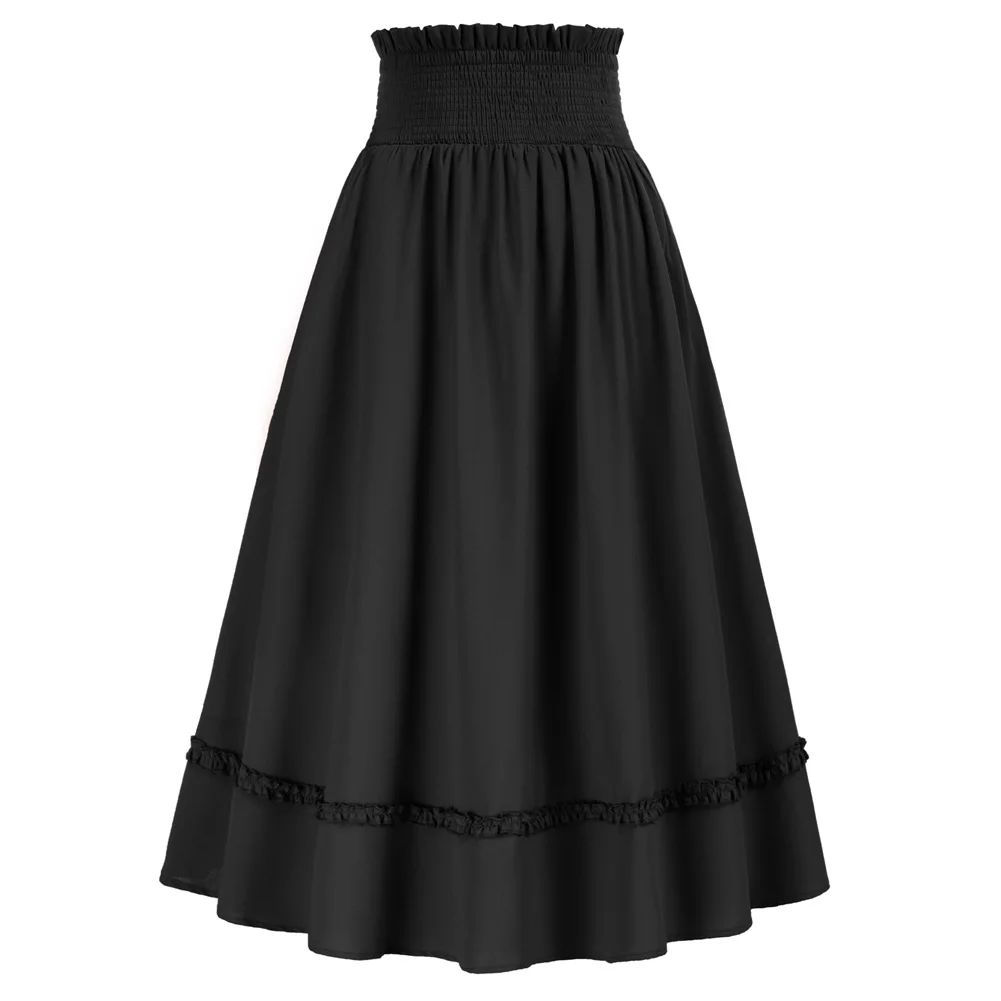 

Scarlet Darkness Women Victorian Skirt Vintage High Waist Midi Skirt With Pockets Lady Solid Ruffle Hem Knee Length Skirts A20