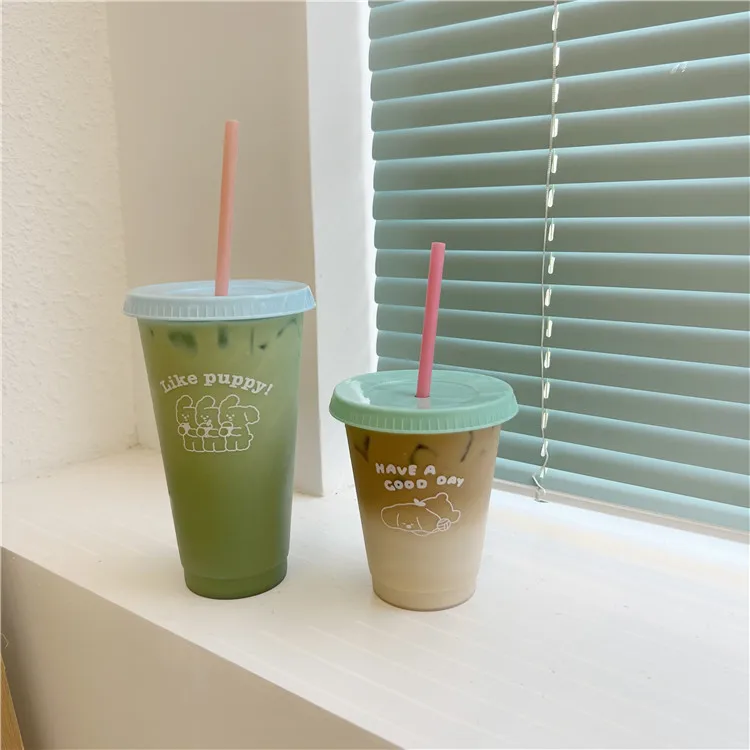 1pc Cute Water Bottle For Coffee Juice Milk Tea Kawaii Plastic Cold Cups With Lid Straw Portable Reusable Drinking Bottle BPA