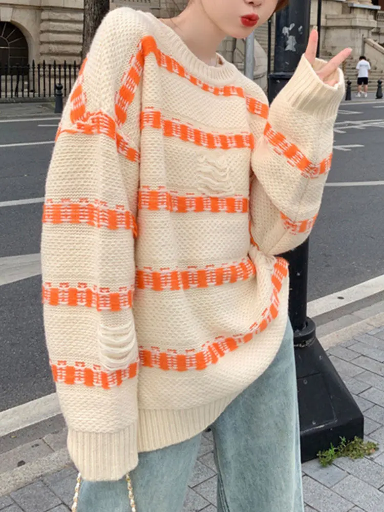 

Женский трикотажный контрастный свитер в полоску, повседневный джемпер с длинным рукавом и круглым вырезом, корейский стиль, осень 2023