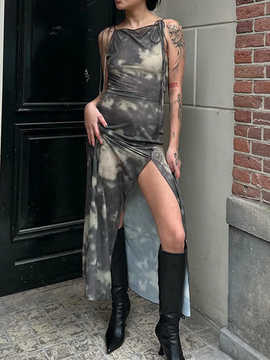 

Платье wsevypo с принтом на завязках и лямками с высоким разрезом, женское облегающее длинное платье без рукавов, летняя уличная одежда