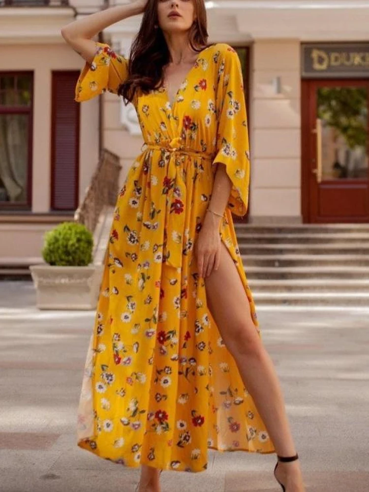 

Fashion Floral Print Dress Women V-Neck Elegant Half Sleeve Dress Female Summer Hem Slit Lace Up Party Dress Lady Midi Sundress