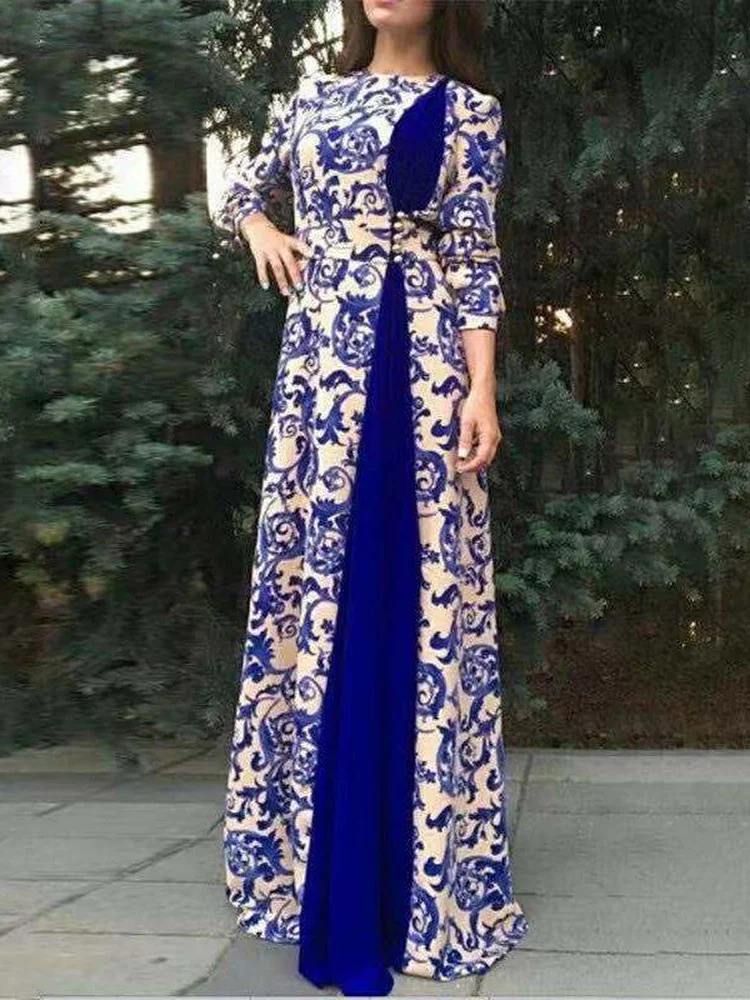 Женское платье-абайя с цветочным принтом, с высоким разрезом и длинным рукавом