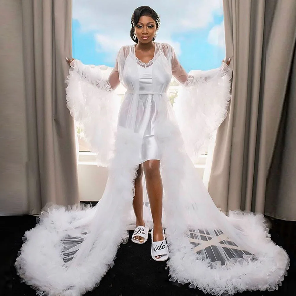 Puffy White Bridal Dress Extra Fluffy Tulle Dresses for Women Full Sleeves-Long Wedding Party Prom Dresse Boudoir Pajamas Robe