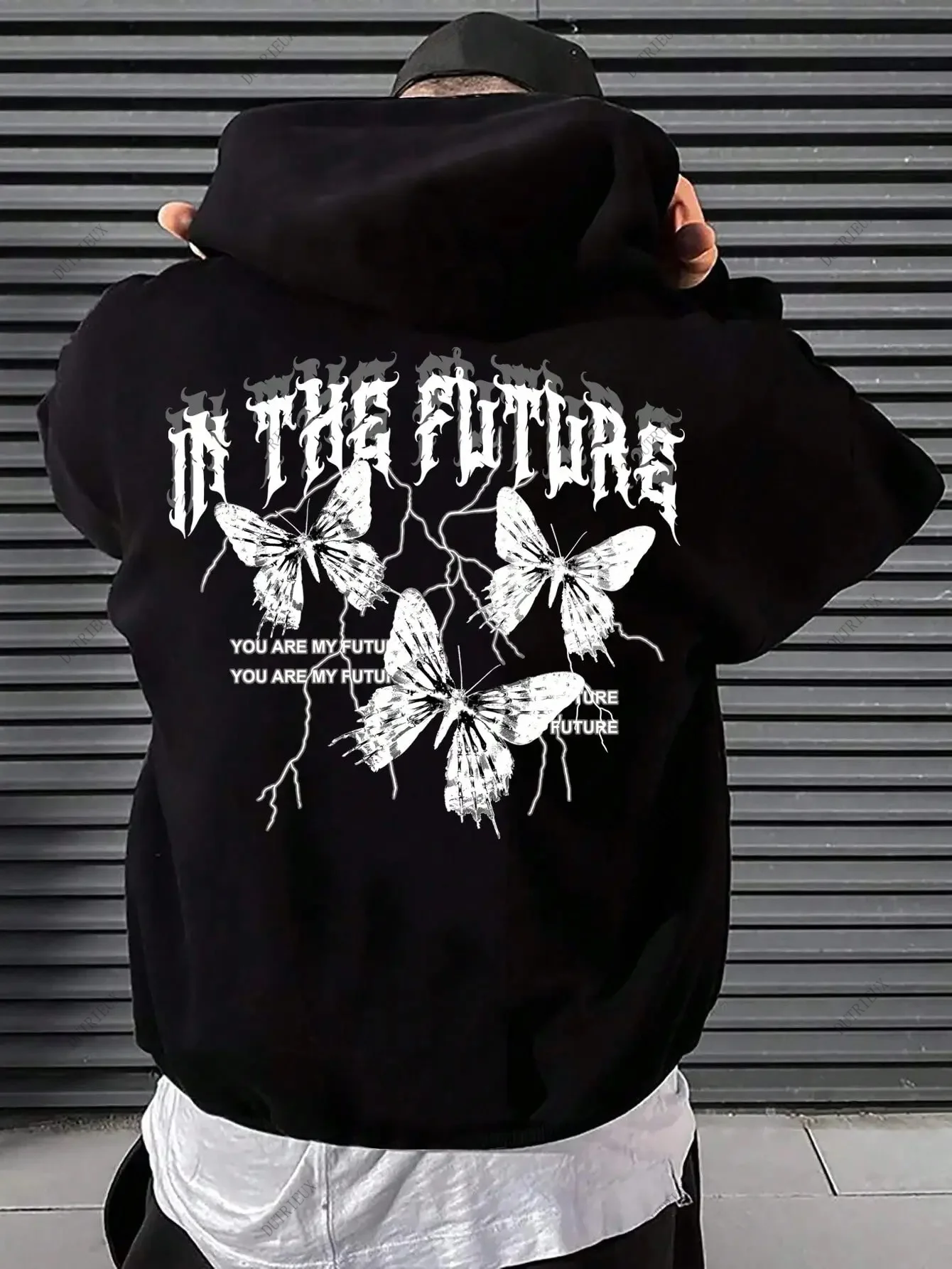 

In The Future Black Butterfly Print Creative Design Hoodie For Men Hip Hop Fleece Hoody All-Match Fashion Streetwear Pocket Tops