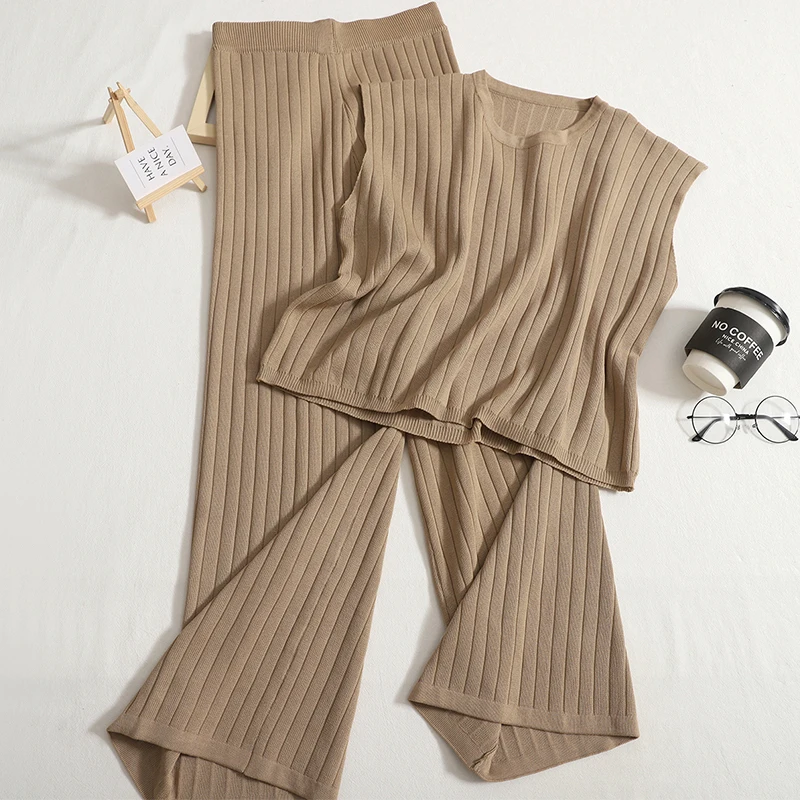 

Summer Casual Knitting Outfits Women 2023 Fashion Solid O-Neck Sleeveless Knitwear Top + Wide-Leg Pants 2 Pieces Sets