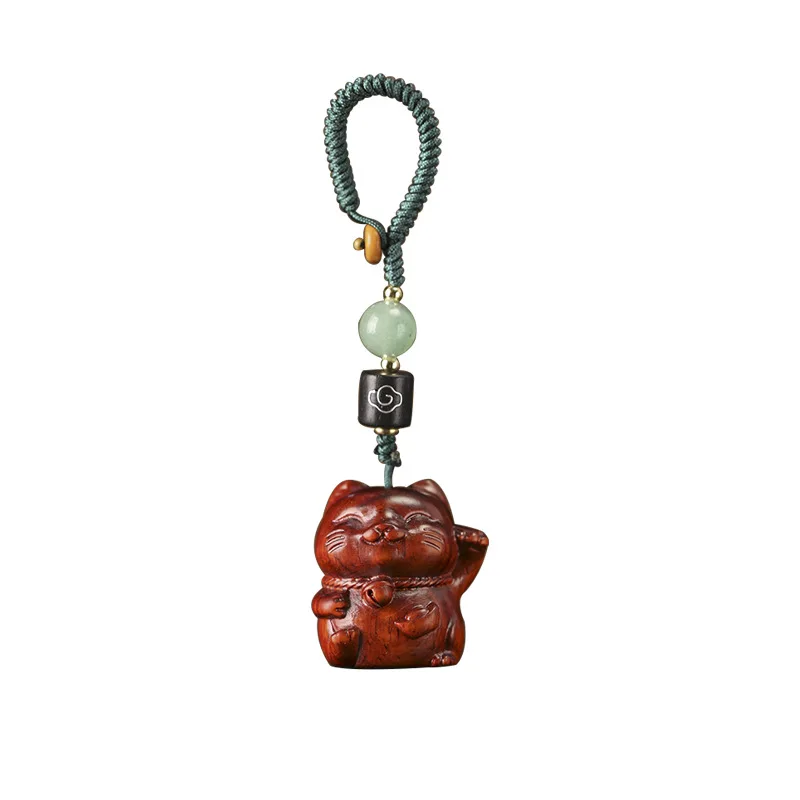 

Red sandalwood leaflet DIY beckoning to the rich round cute cat art ancient style creative mobile phone chain key chain pendant