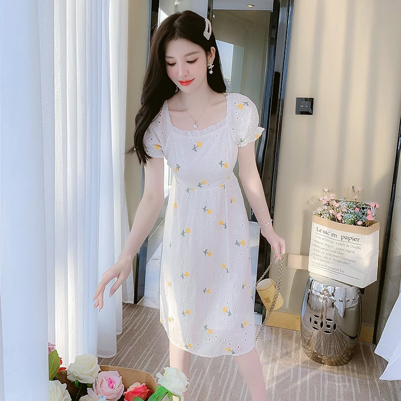 

COIGARSAM Women Dress Summer 2022 Embroidery Floral Print High Waist White Dresses Dropshipping