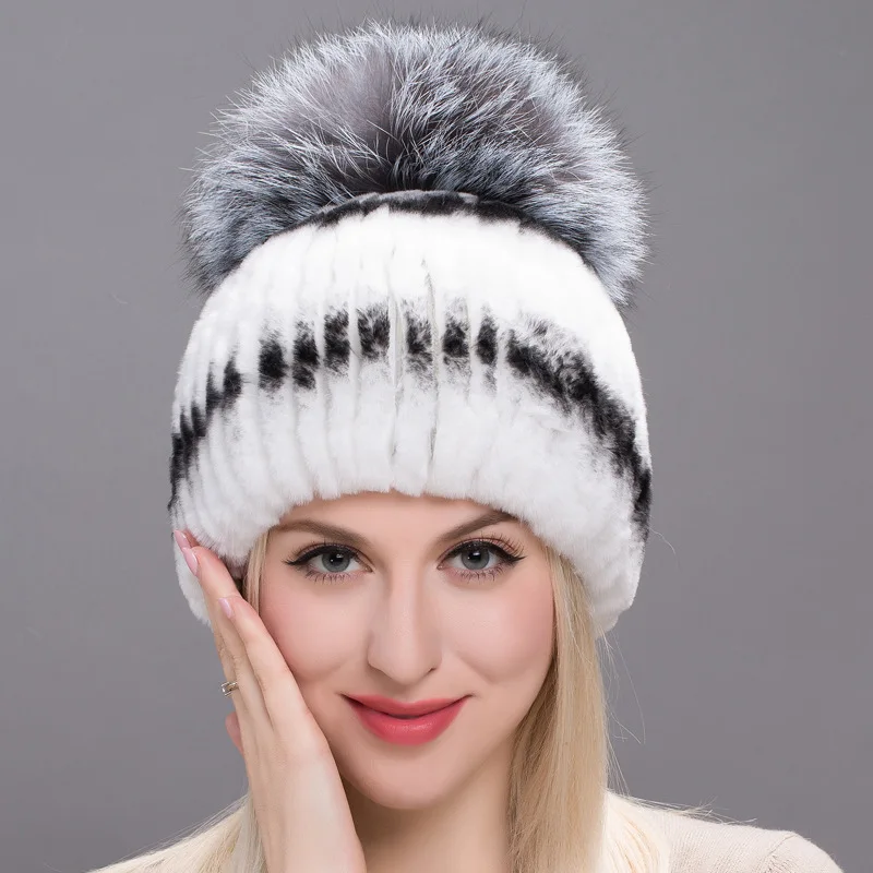 

New Real Fur Woven Fox Fur Ball Bag Head Hat Rabbit Skin Keep Warm Ear Protection Hat Female Knitted Adult Stripes Windproof Cap
