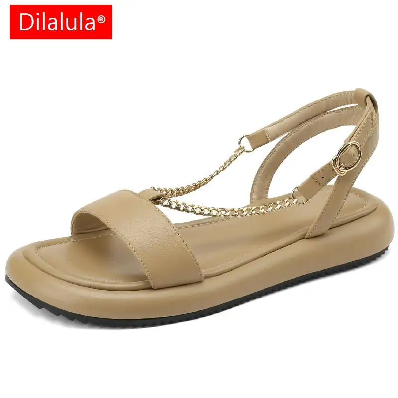 

Dilalula 2023 Casual Concise Women Flat Platforms Sandals Fashion Chain Genuine Leather Summer Shoes Woman Office Ladies Leisure