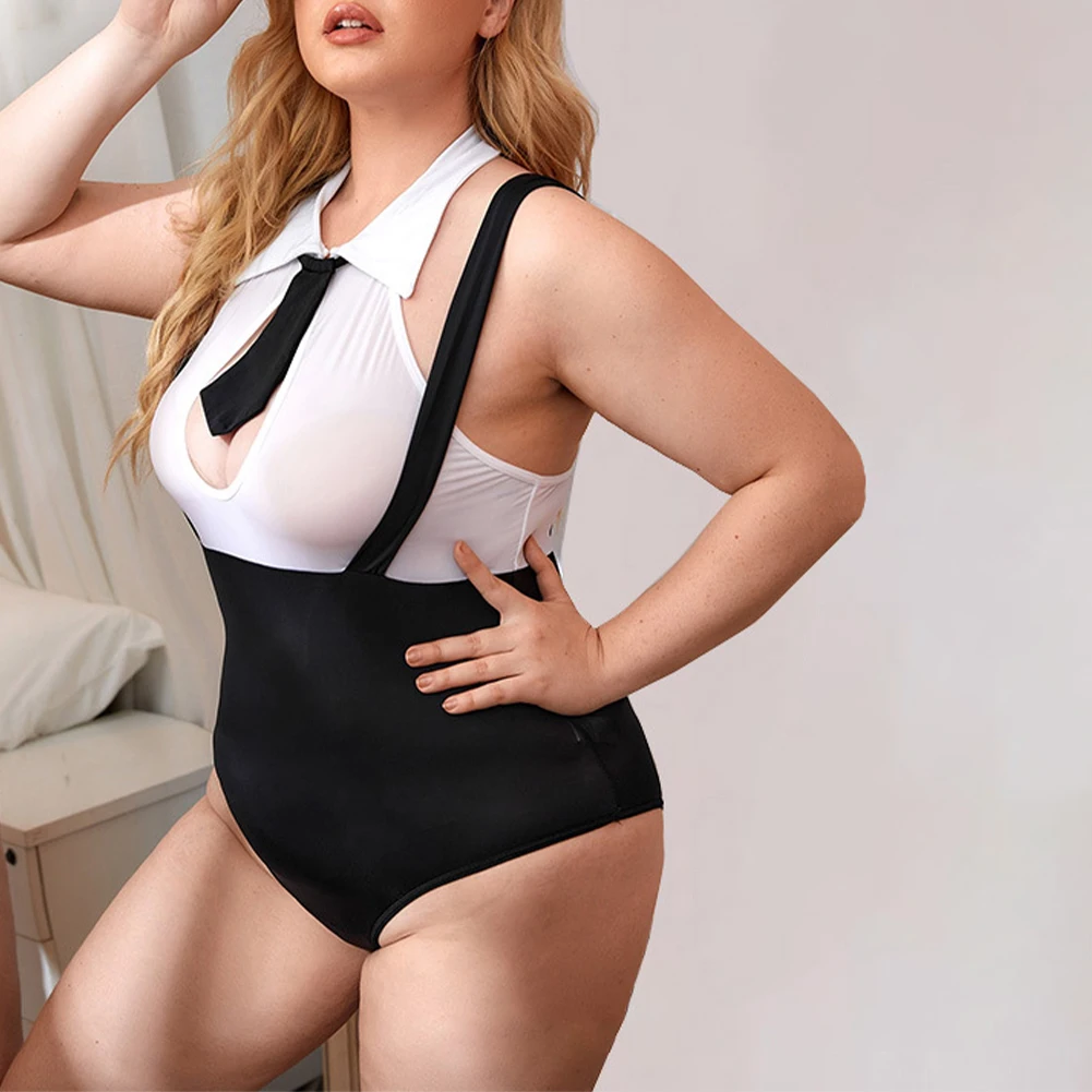

Plus Size Women Sexy Mesh Bodysuit High Cut Thong Leotard See Through Jumpsuit Uniform Temptation Suit Office Underwear XL-4XL