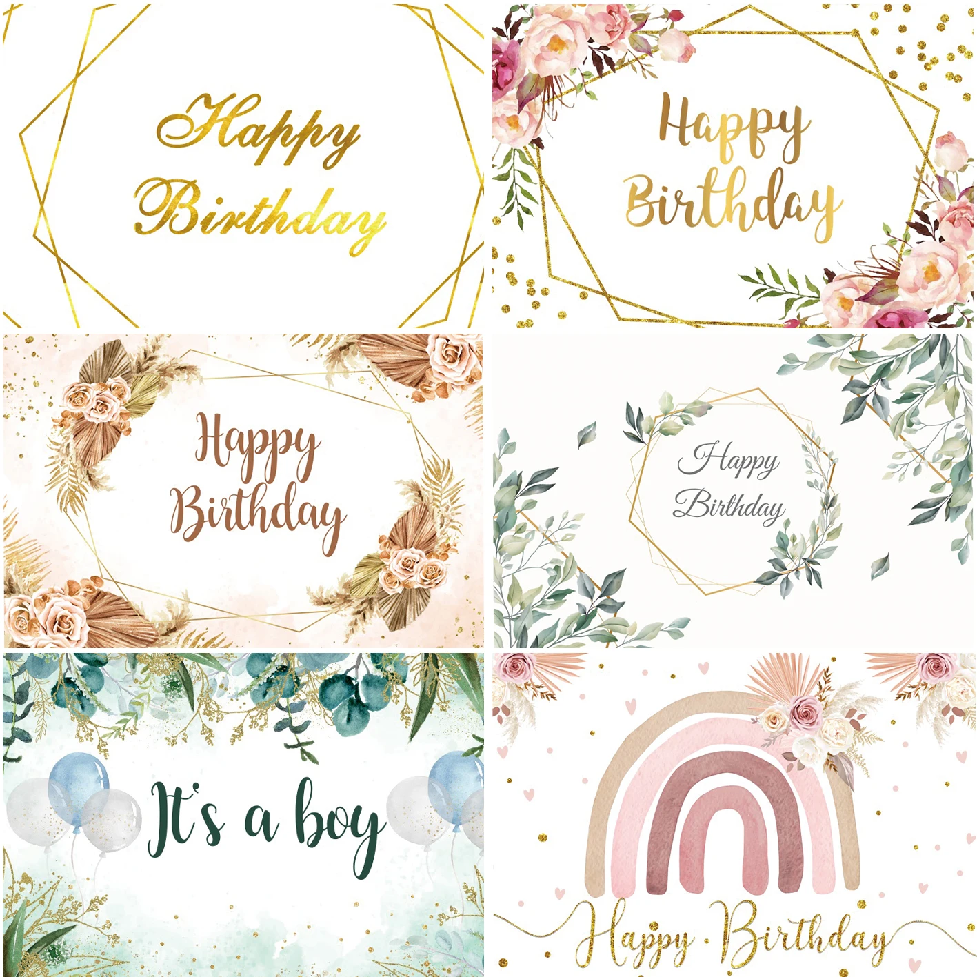 

Backgrounds Happy Birthday Party Baby Shower Newborn Photography Gold Frame Flowers Leaves Custom Photo Backdrops Banner
