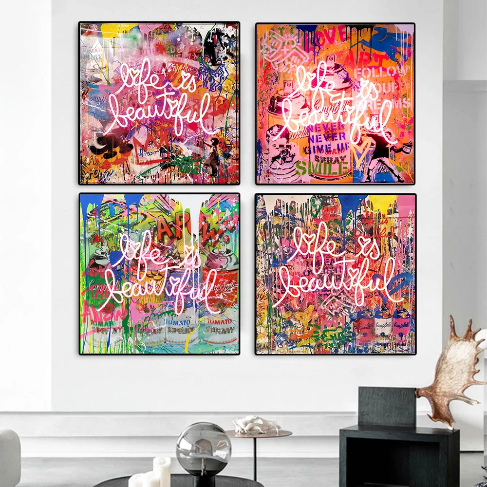 

Street Graffiti Abstract Life Is Beautiful Wall Art Poster Modern Living Room Home Decor Canvas Painting Mural Prints Pictures