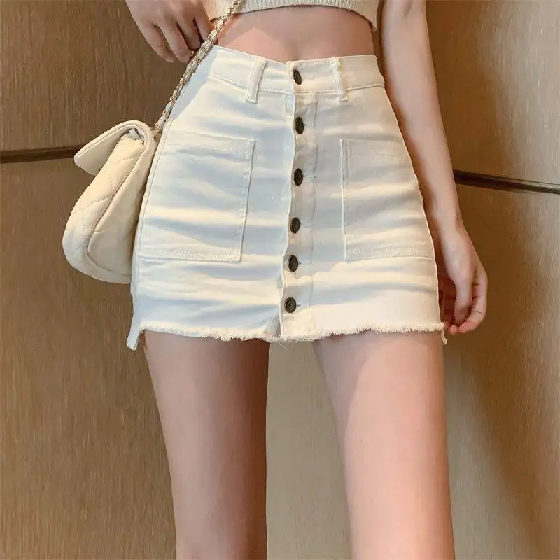 Hot girl breasted denim skirt women's summer new high-waisted a-line bag hip short skirt pants trend  korean style