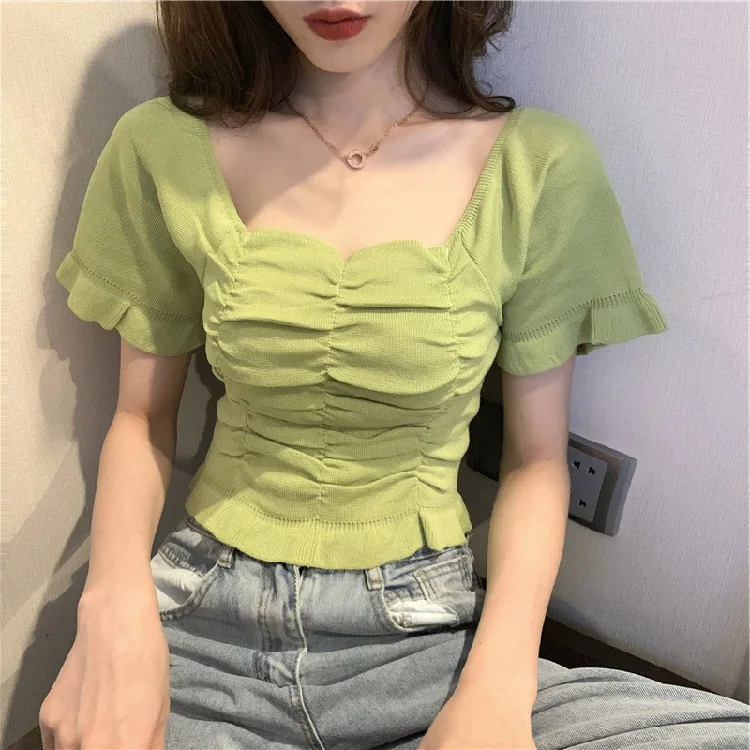 

Solid Color Summer New Casual Versatile Square Neck Top grey