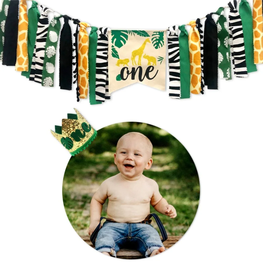 

Green Highchair Banner Sets Jungle Themed Forests Pattern Cake Toppers First Birthday Party Decorations Crown Hats Party Gifts