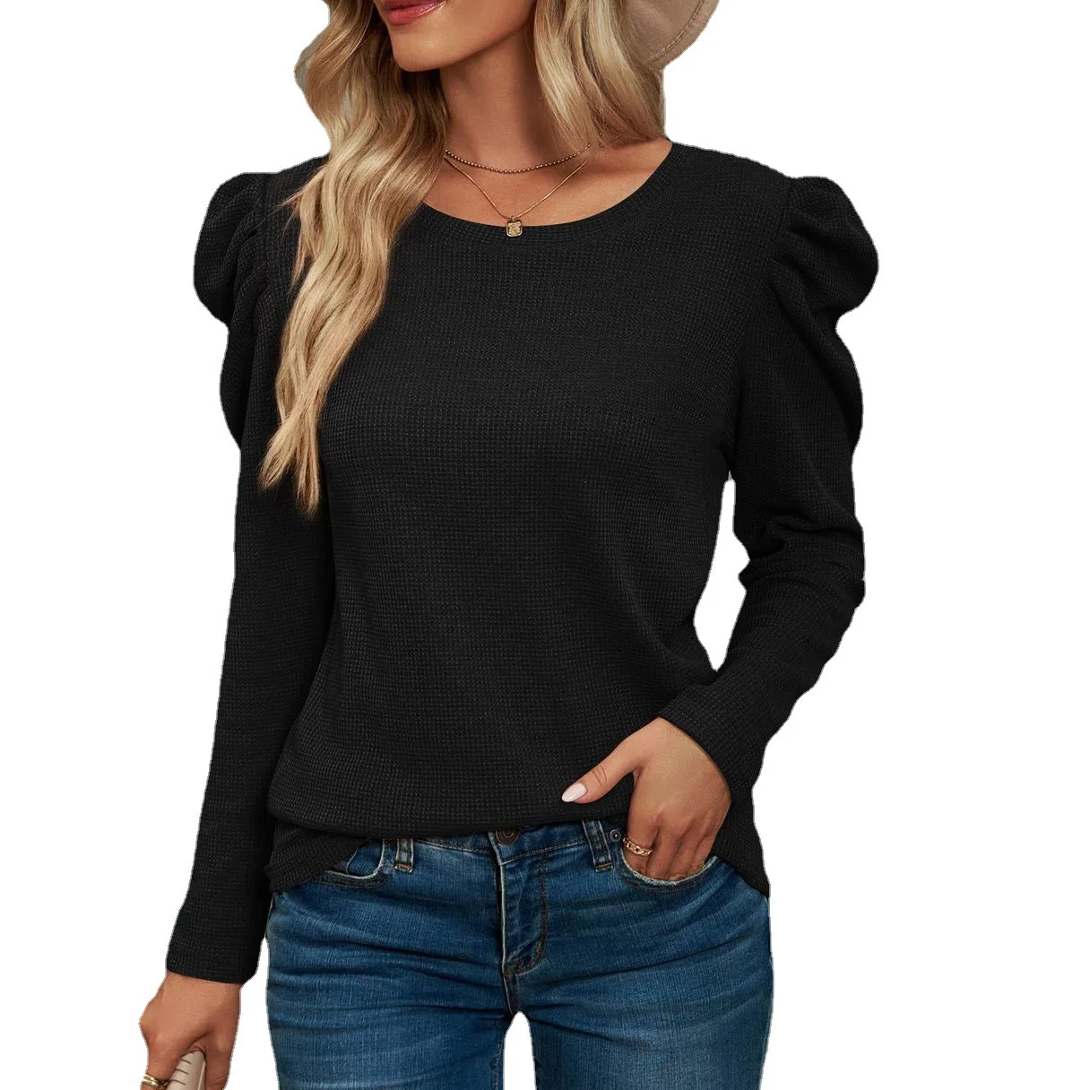 

Folds Joint Long Sleeve Women T-Shirt Solid Color Casual Waffles Tops Femme