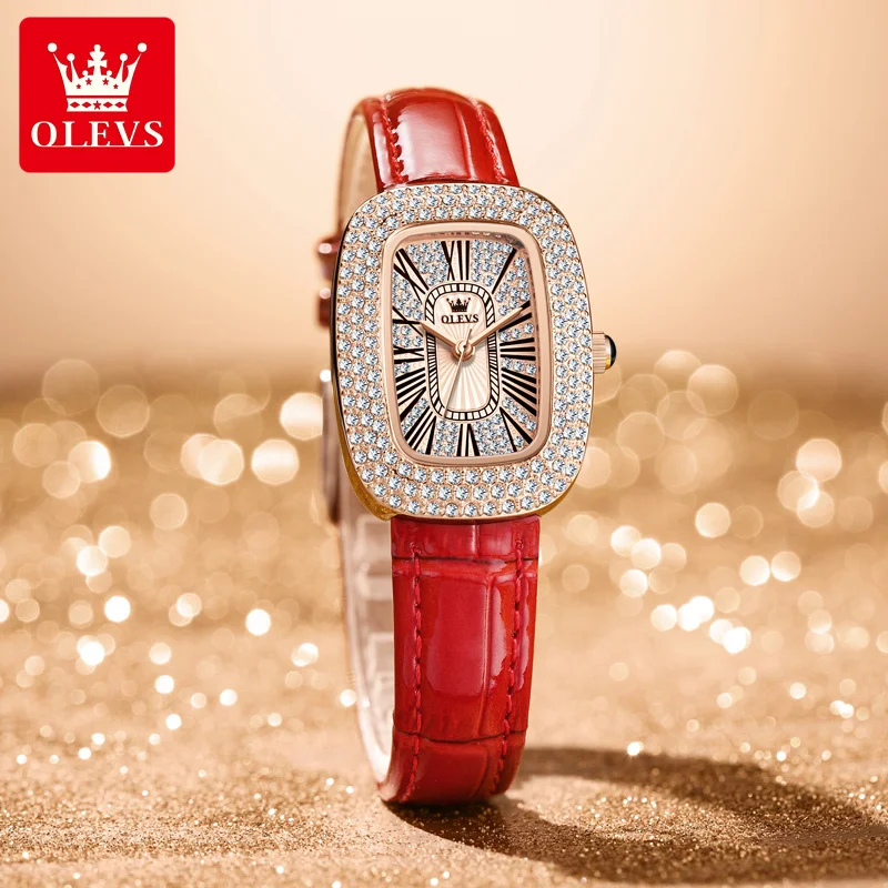 Reloj Mujer OLEVS Luxury Diamonds Rhinestone Watch Women elegant Top Ladies Quartz Watch Red Leather Band Women Wristwatch 2023 enlarge