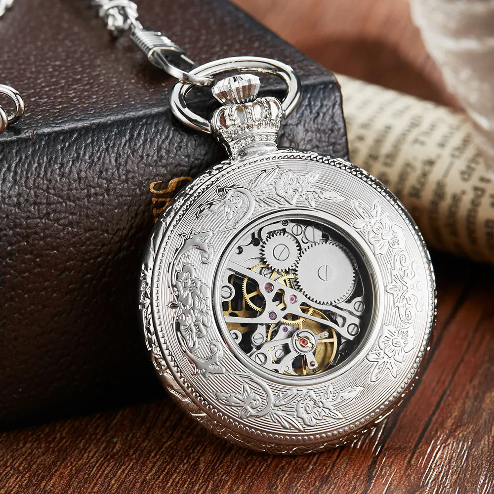 Silver Carved Steampunk Smooth Mechanical Pocket Watches Men Women Fashion Luxury Hand Wind Necklace Pocket & Fob Watch Chain