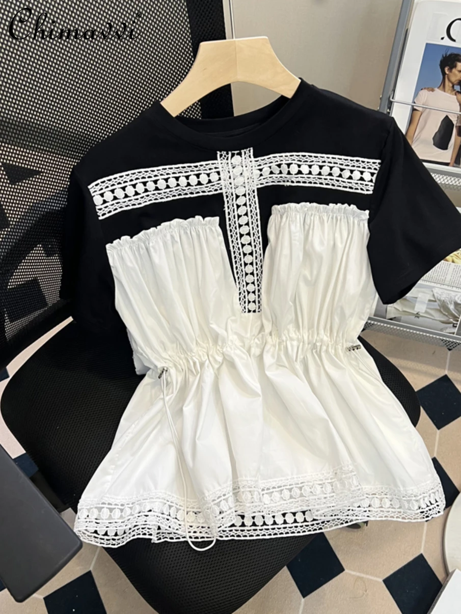 

Summer 2022 New Fashion Loose Drawstring Slim Color Contrast Patchwork T-shirt Lace Ruffled Short Sleeves Tshirts Women Tops