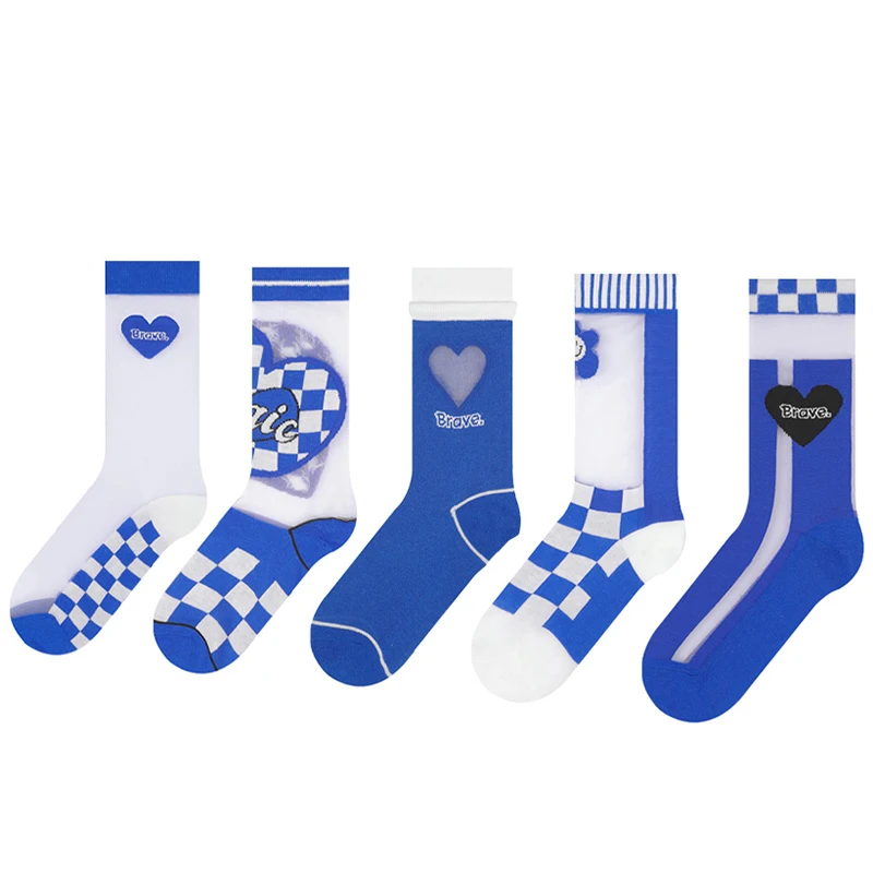 

Bebobsons новые оригинальные хлопковые Носки с цветочным принтом в клетку, Женские голубые Носки Klein, 5 пар носков