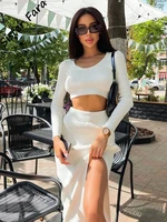 sister fara spring o neck short knit sweater set womenhigh waist sexy split half body skirt autumn female casual two piece suit