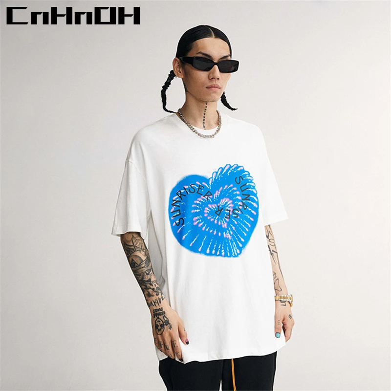 CnHnOH New Arrival Teeshirt Homme Women's Oversized Hip Hop Clothing Tee Shirt Heart Shape Fireworks T-shirts For Couple 11020