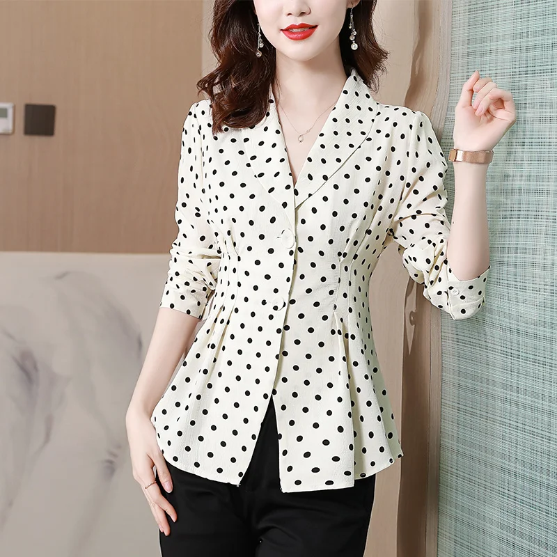 #2567 женские топы в горошек Офисная Женская рубашка на пуговицах приталенная со